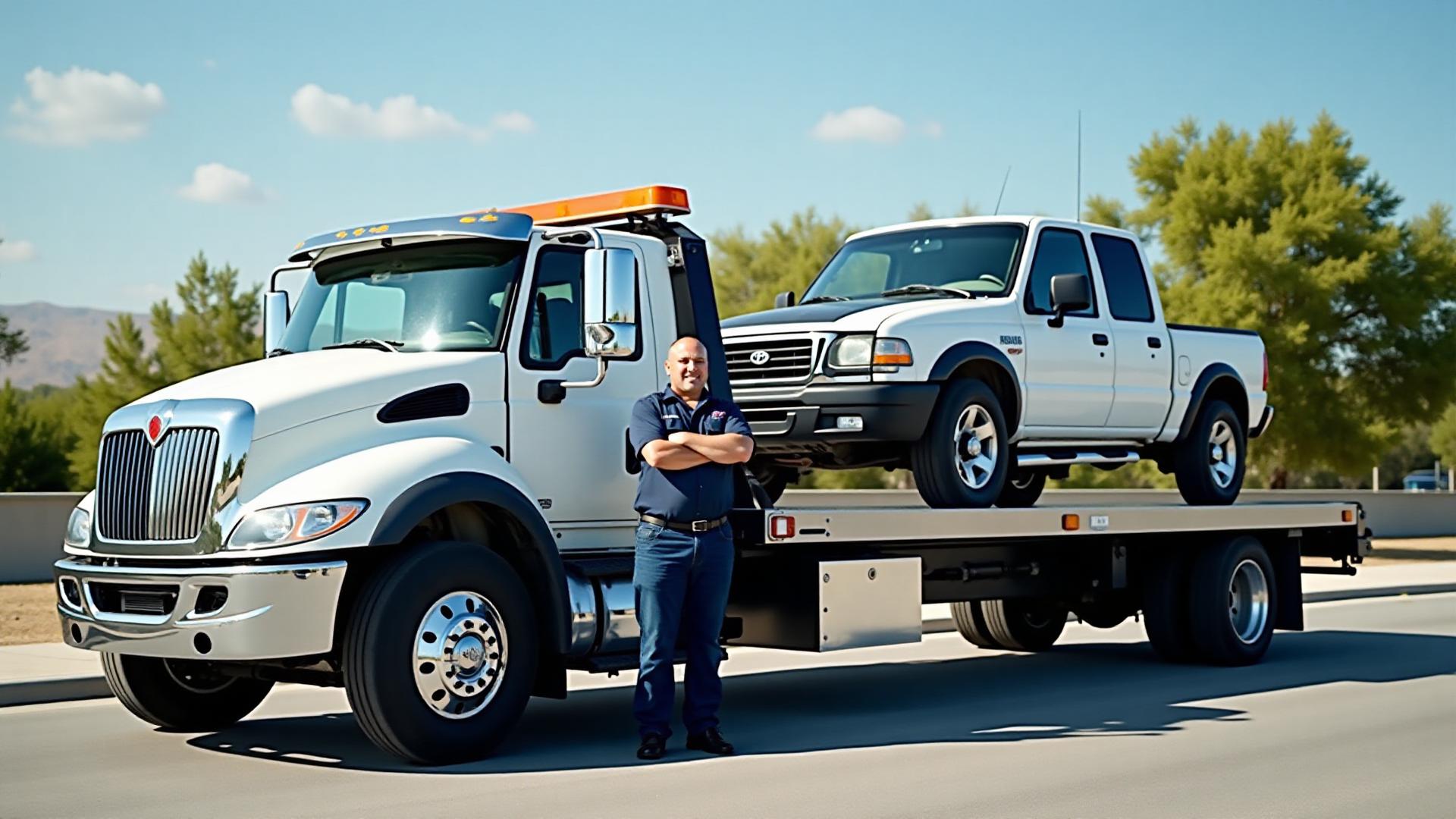 Professional Dixon tow truck with flatbed hauling vehicle, emergency towing service available 24/7